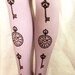 Pocket-Watch & Keys Printed Tights Plus Size Extra Large Black on Lavender Lilac Pastel Purple Womens Victorian Gothic Lolita Steampunk