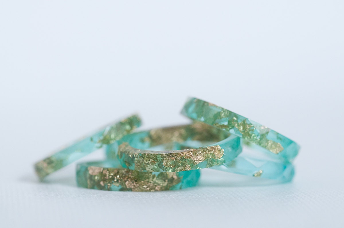 aqua and gold size 9.5 thin multifaceted eco resin ring