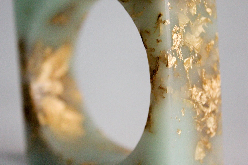 mint gold eco resin square bangle with suspended gold leaf