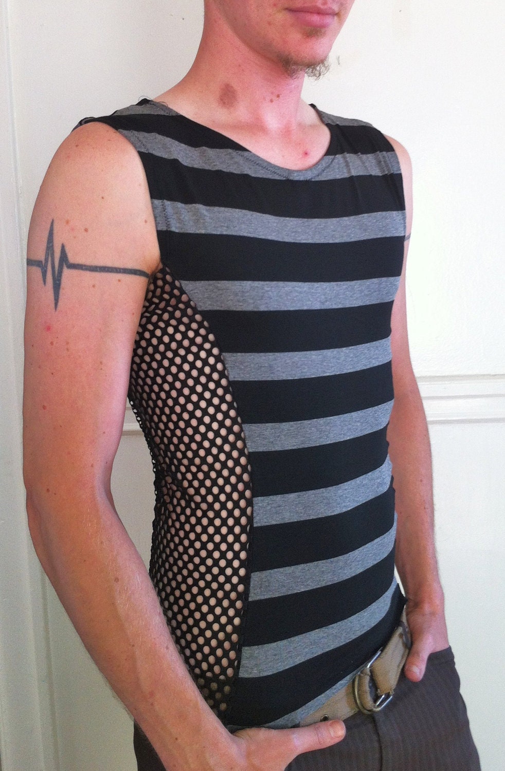 Mens Shirt colorblock two-tone cyber goth Burning Man raver tribal festival dance stripe fishnet sleeveless tank Apocalypse Mad Max Cirque