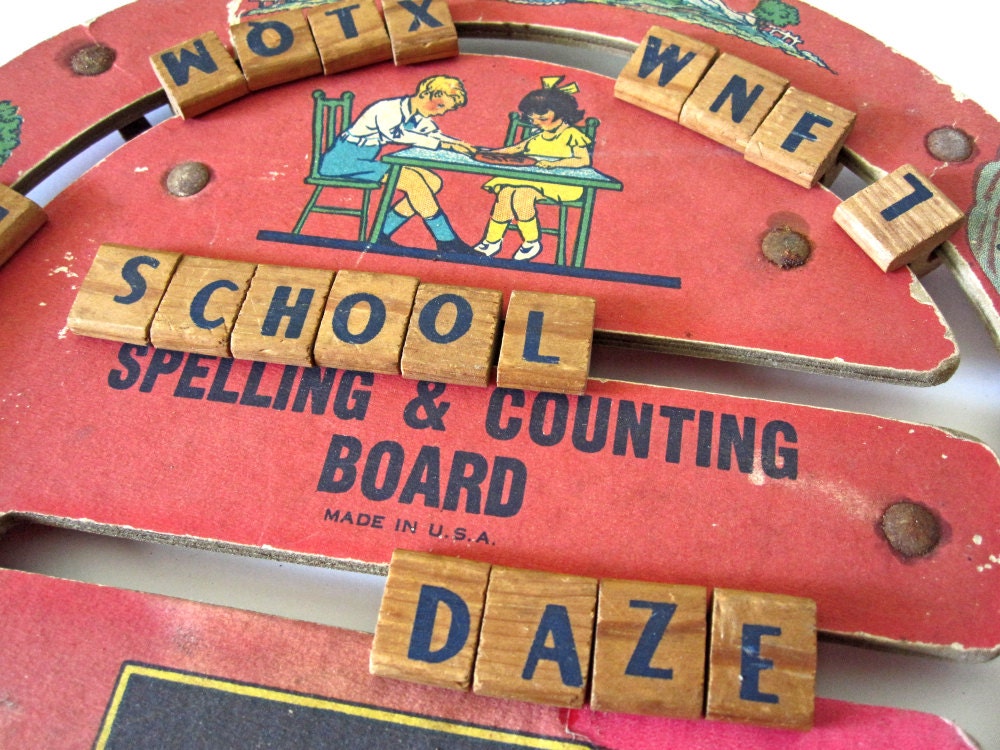 Spelling & Counting Board, vintage 1920s or 1930s, red wheel, back to school, school kids, nursery rhymes, storybook scenes