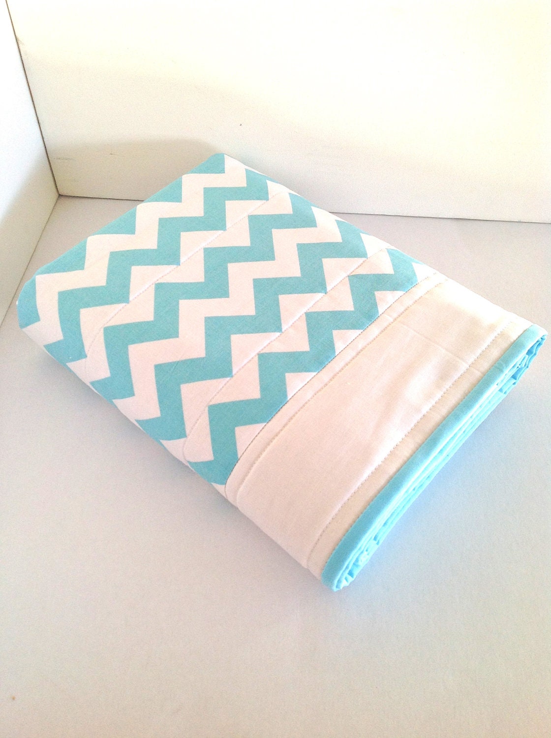 Chevron Baby Crib Quilt in Aqua..
