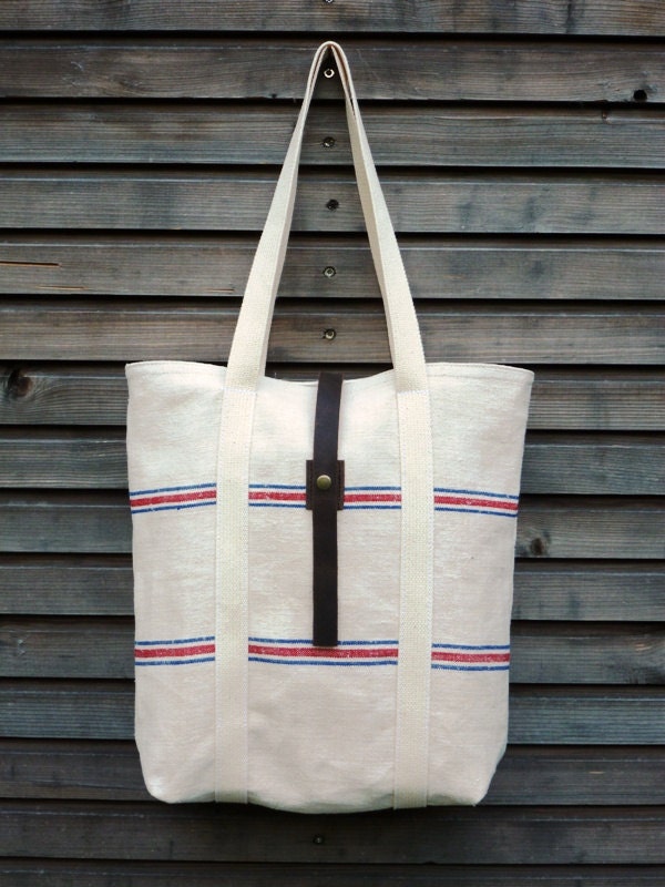recycled antique linen carry all/tote bag with push button closure