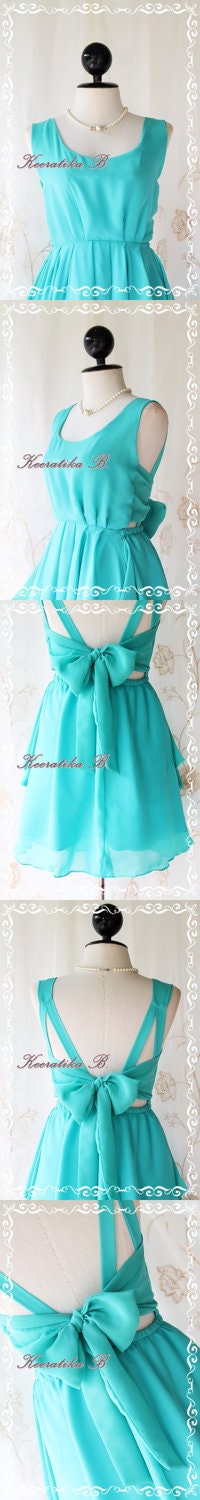 A Party V Shape Style - Cocktail Prom Party Dinner Wedding Night Dress Mint Blue Full Lined Deep Back Bow Tie Sexy Charming Looks