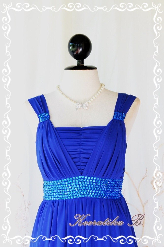 Beautiful Night - Wedding Bridesmaid Party Cocktail Prom Dinner Dress Royal Blue With Hand Sewn Sparkle Diamond Beads Gathered Top S