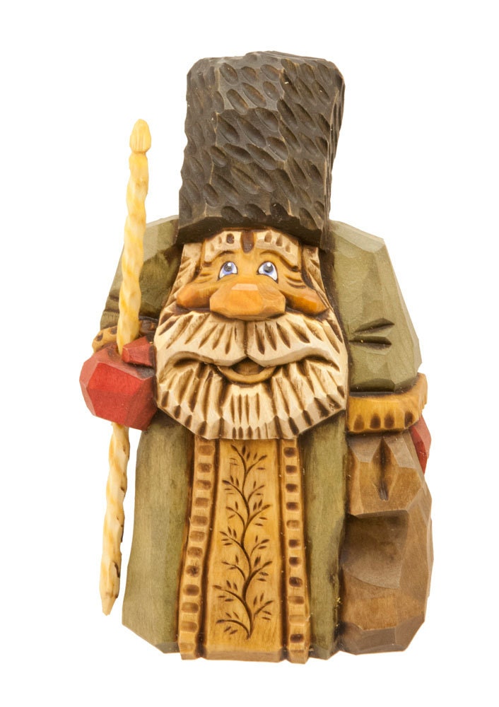 Hand Carved Wooden Santa in Green Robe, Black Hat, Red Mittens Holding Walking Stick