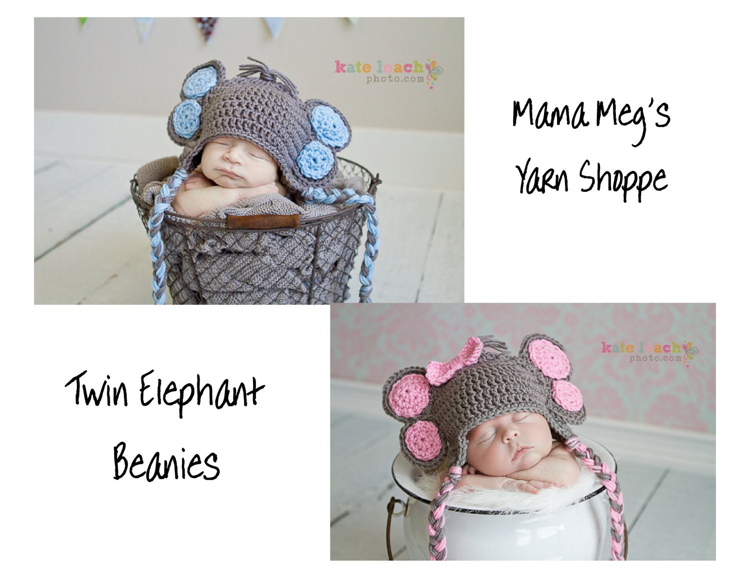 Little Mr. & Miss Elephant Beanies For Twins in Gray, Baby Pink and Baby Blue Available in Newborn to 5 Years Size- MADE TO ORDER