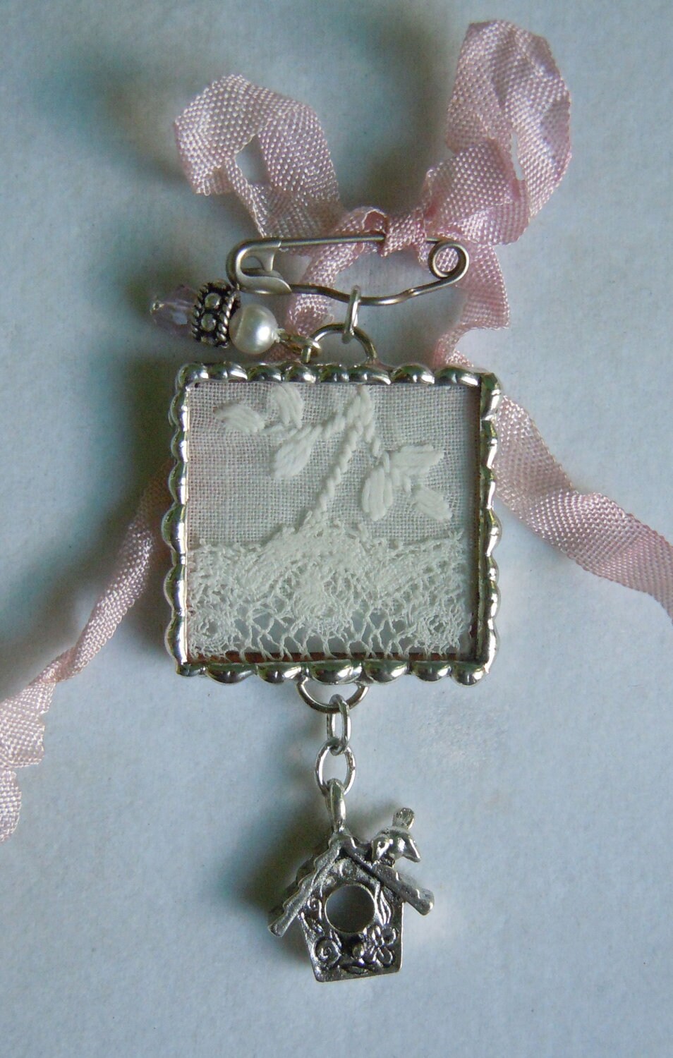 Fiona and The Fig Victorian Lace and Silver Colored Charm Brooch Pin