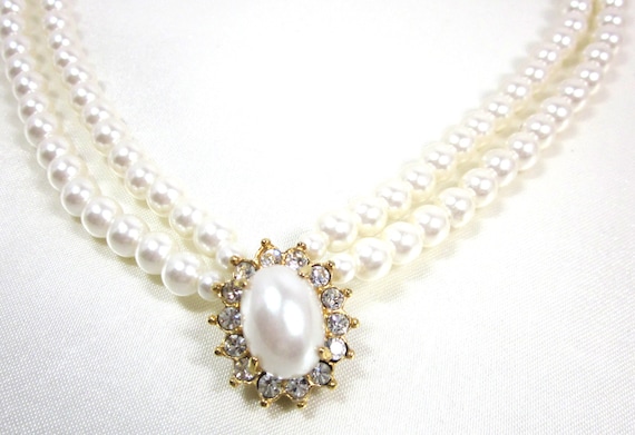 Vintage  Faux Pearl Necklace with Pearl and Rhinestone Pendant Signed Avon