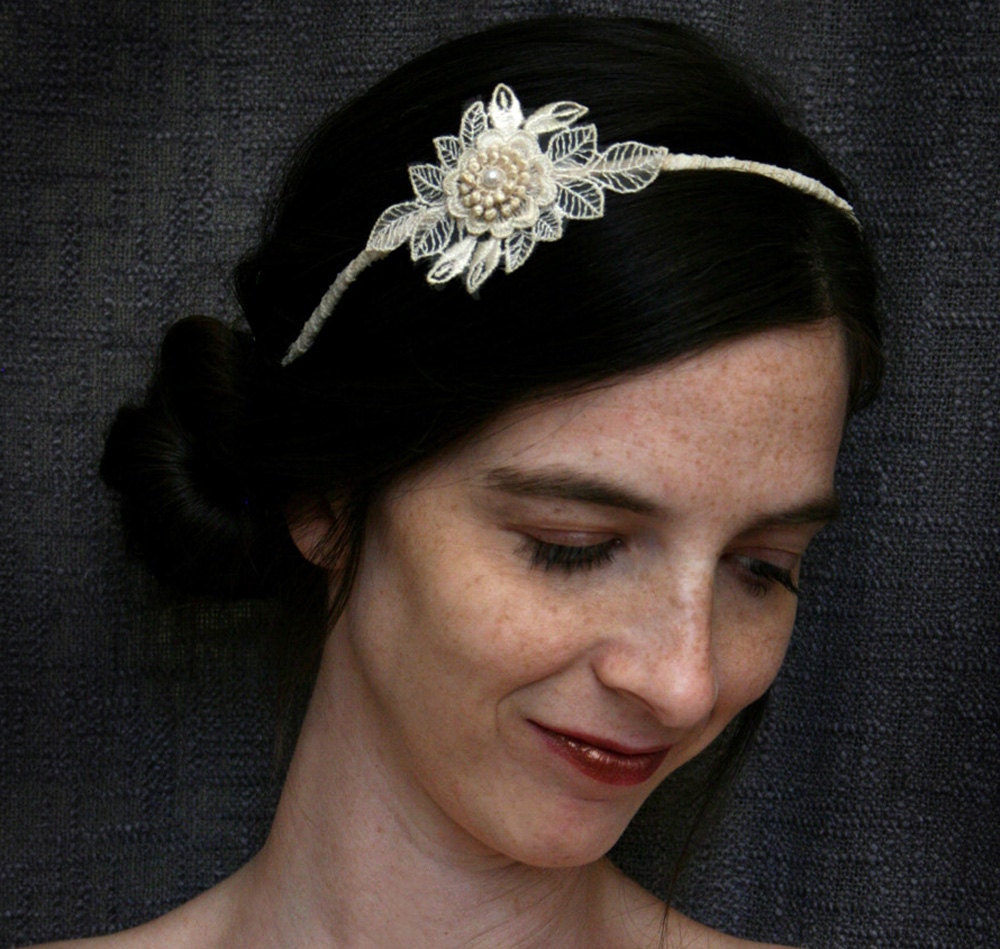 bridal lace headband -COME HITHER my LOVE- vintage ivory