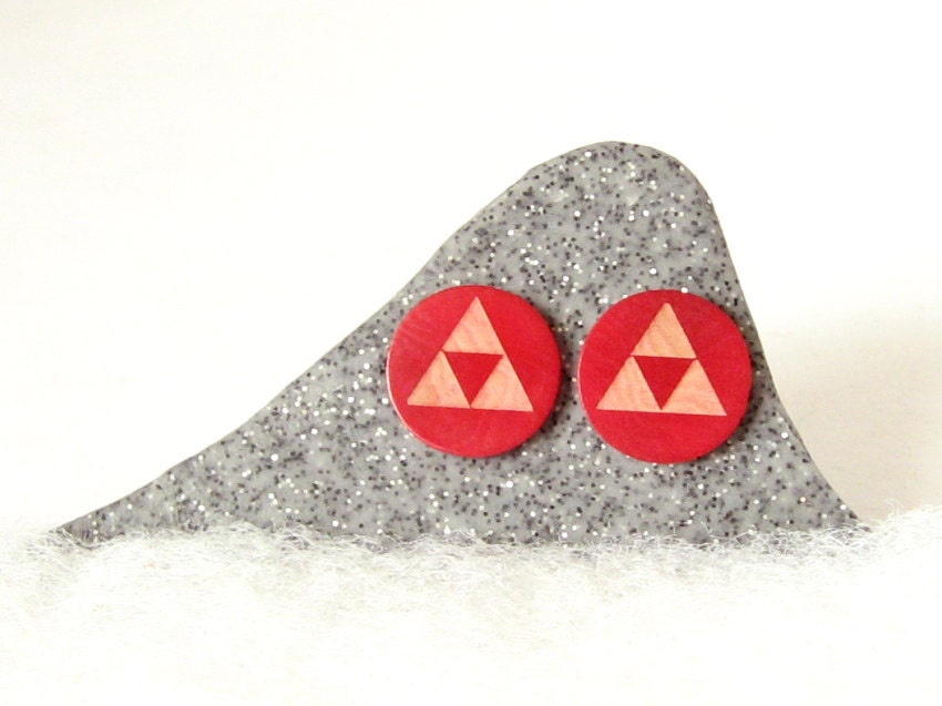 Cherry Red Tagua Triforce Stud Earrings - Legend of Zelda - Surgical Stainless Steel Posts