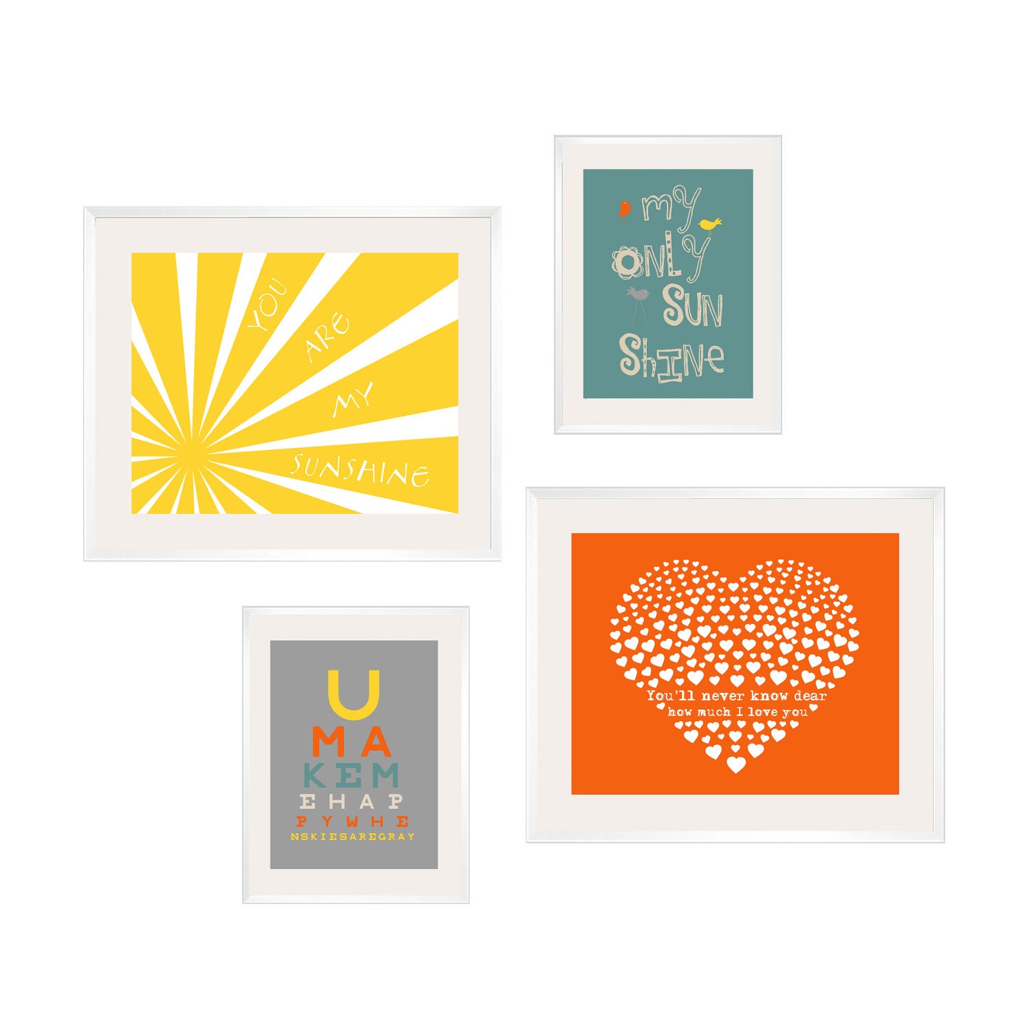 Kids Wall Art Eclectic Style You Are My Sunshine Prints in yellow, green, grey and orange. 4 pc Set 8x10 and 5x7  FREE SHIPPING