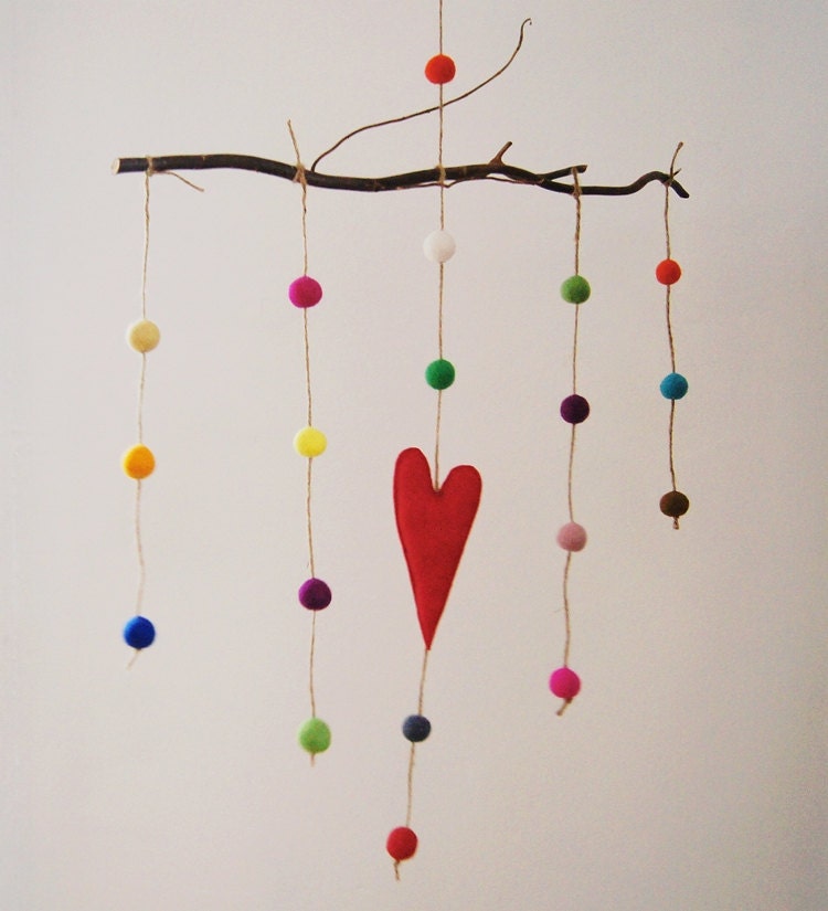 Baby Mobile/ Felted Rainbow Balls With Red Heart/ Nursery Decor/ Made To Order/ New Baby Gift Idea/ AS SEEN AT lilsugar.com