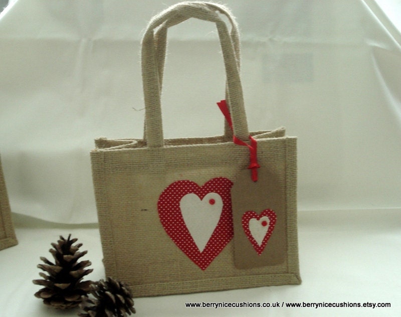 Mini hessian gift bag with red fabric heart calico heart and gift tag Fathers Day