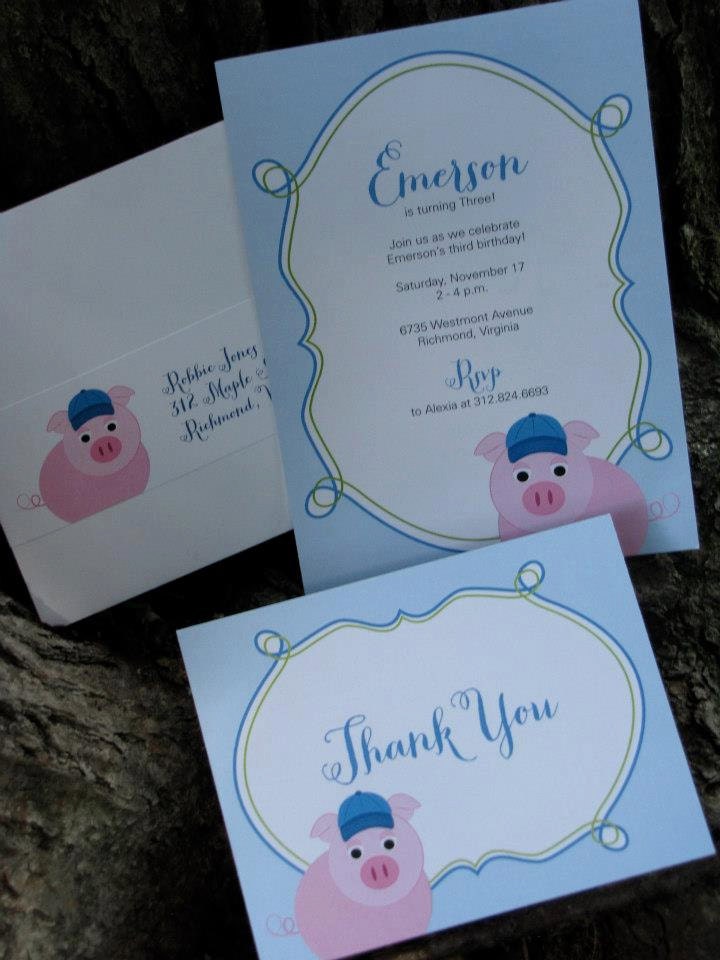 Handsome Pig Birthday Invitation / Set of 10 (blue and green)