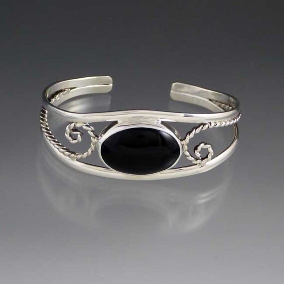 Black Onyx Filigree Cuff Bracelet in Sterling by JazznJewelry