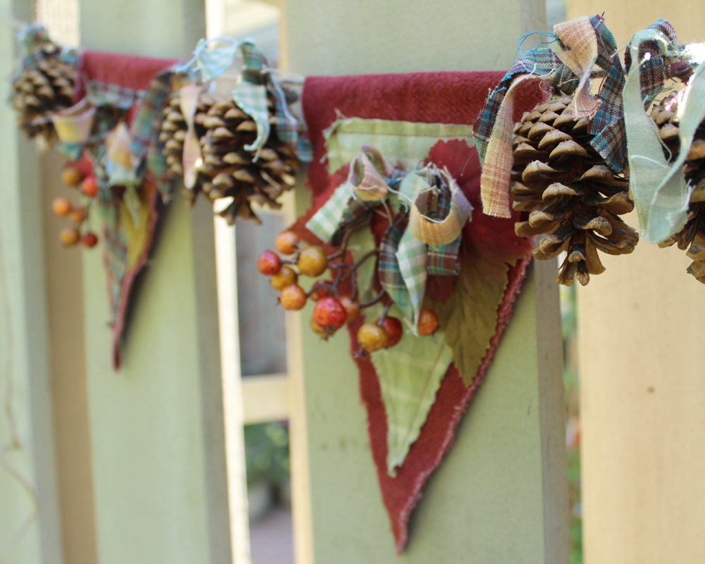 Rustic Autumn Banner with Fabric, Pine Cones, Leaves, Berries