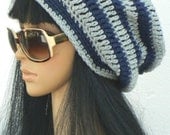 Beanie Hat Winter Slouchy Tams Berets Boho  In Navy Blue And Grey