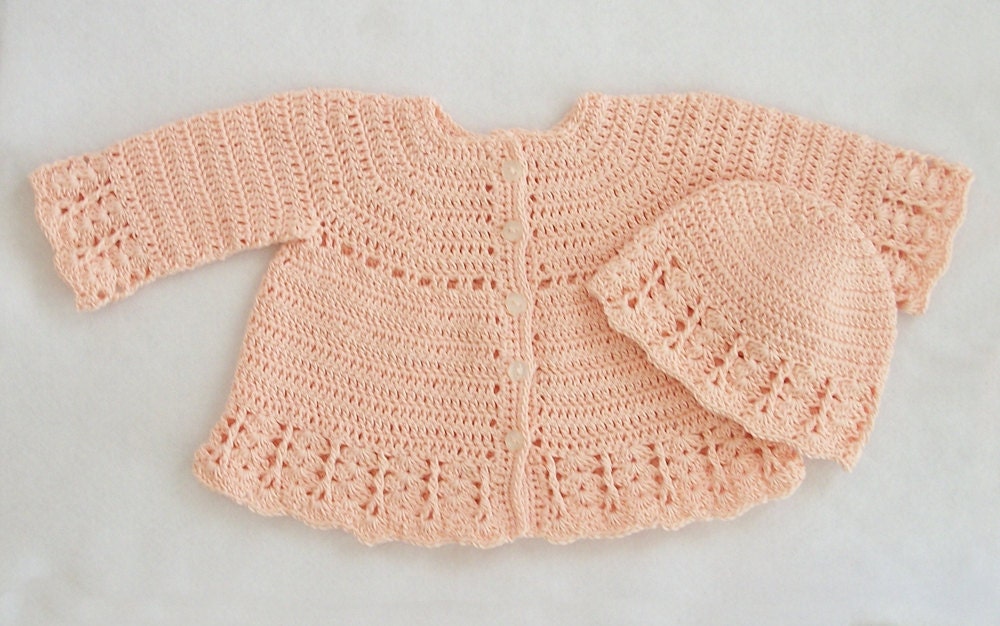 Crocheted Baby Girl Lacy Coat-Like Sweater and Hat Set in Light Salmon, 3M-6M