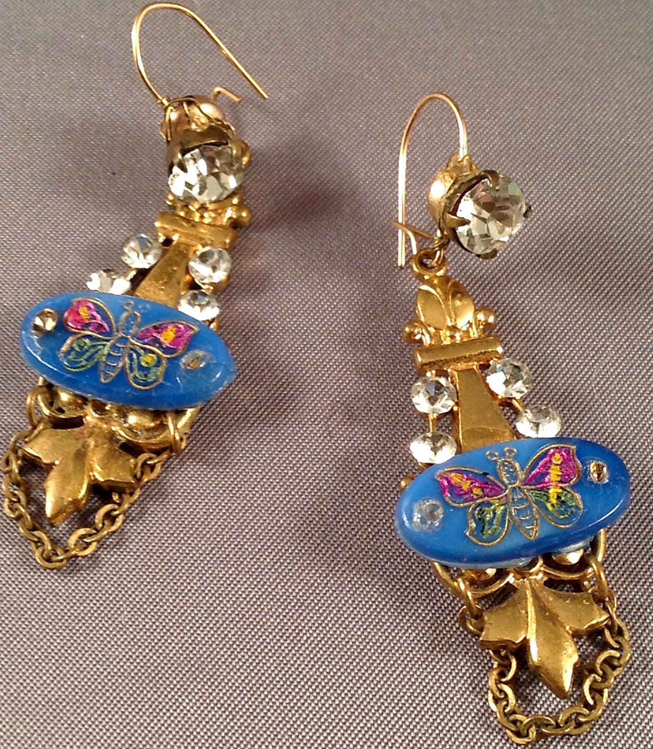 Vintage Blue Butterfly Adams style Earrings with Rhinestones - gold colored brass - hanging chain - italianate - neo classical