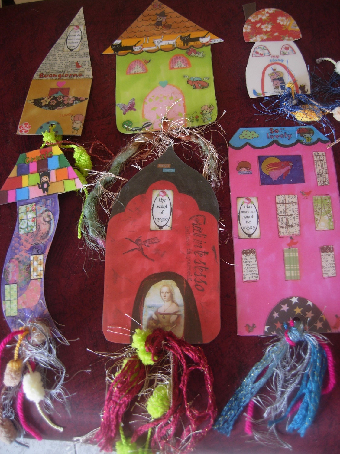 Whimsical Houses -Laminated Bookmarks with Ribbons and Trims- set of 6