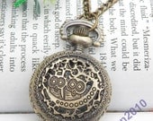 Retro copper round hollow carved owls pocket watch necklace pendant jewelry vintage style - small