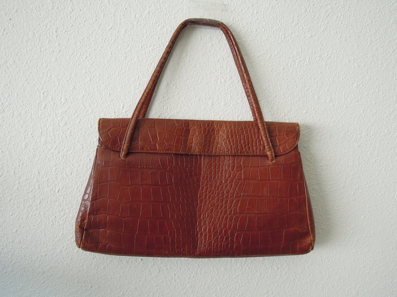 VTG 1940's Leather Embossed Crocodile Print Antique Purse