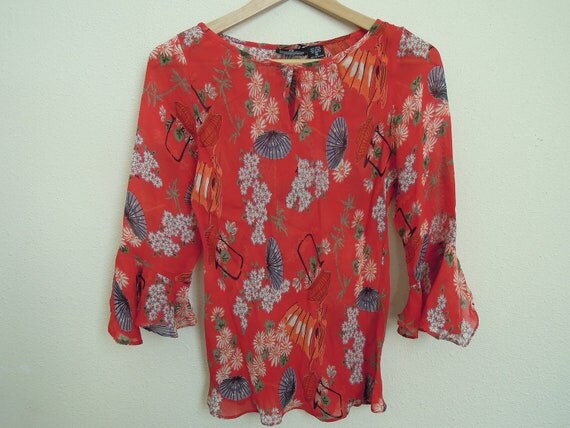 SALE Vtg 90s Sheer Cherry Blossom Parasol Red Ruffle Blouse