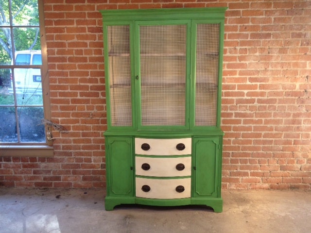 FREE DELIVERY Painted Hutch Cabinet Farmhouse Green China Cabinet