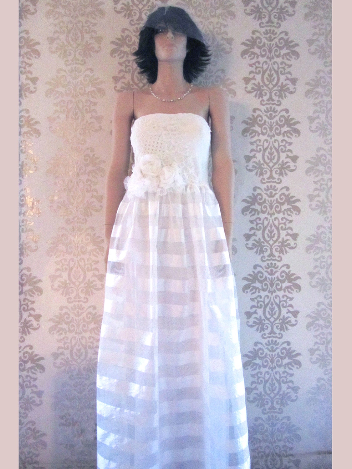 Wedding Gown Wedding Dress Reception Dress Alternative Wedding : CARISMA Strapless Embroidery Stripe Organza Long Dress Size S/M