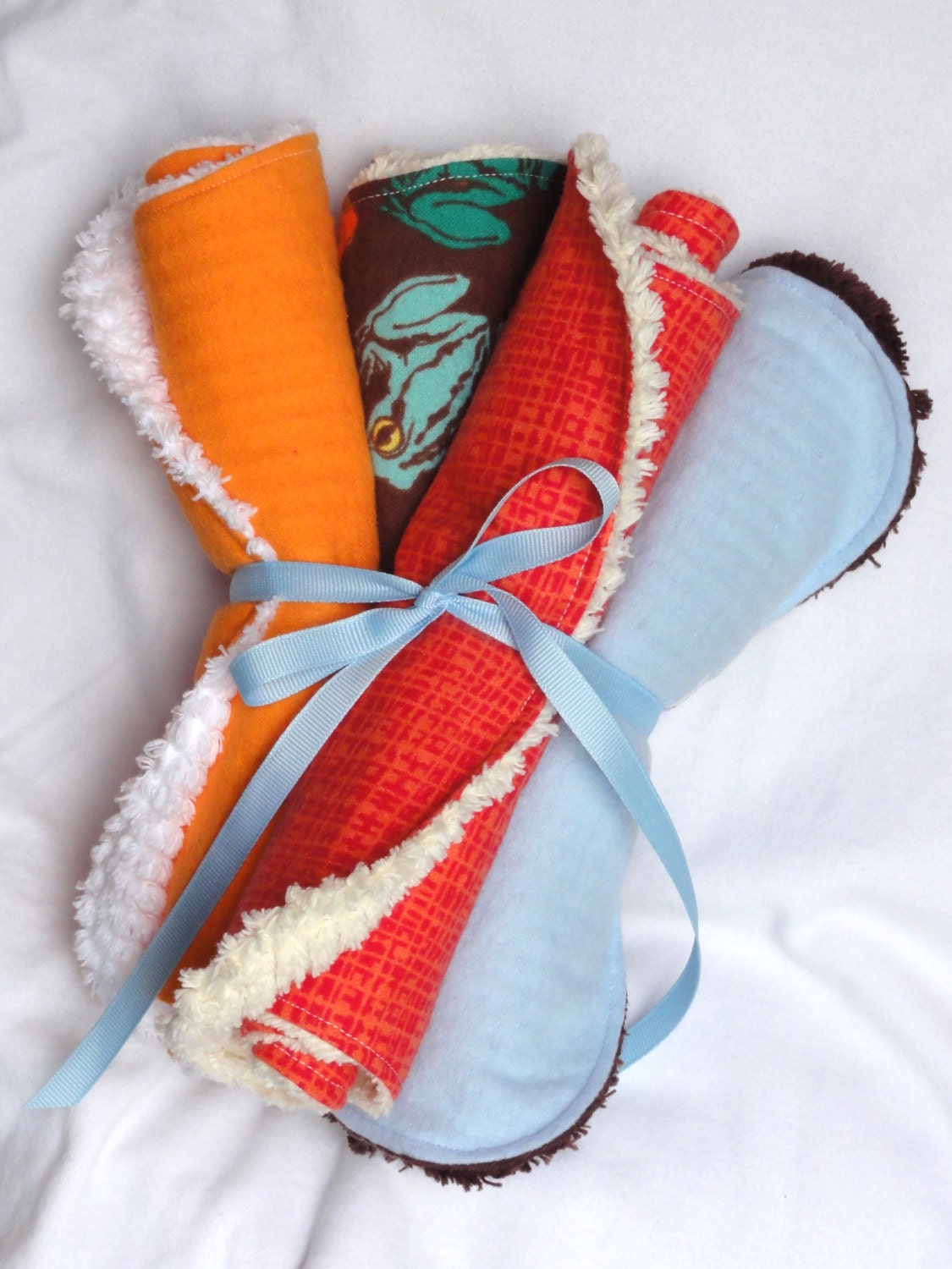 Orange/Blue/Brown Tree Frogs, Contoured Boy Burp Cloths, Set of 4