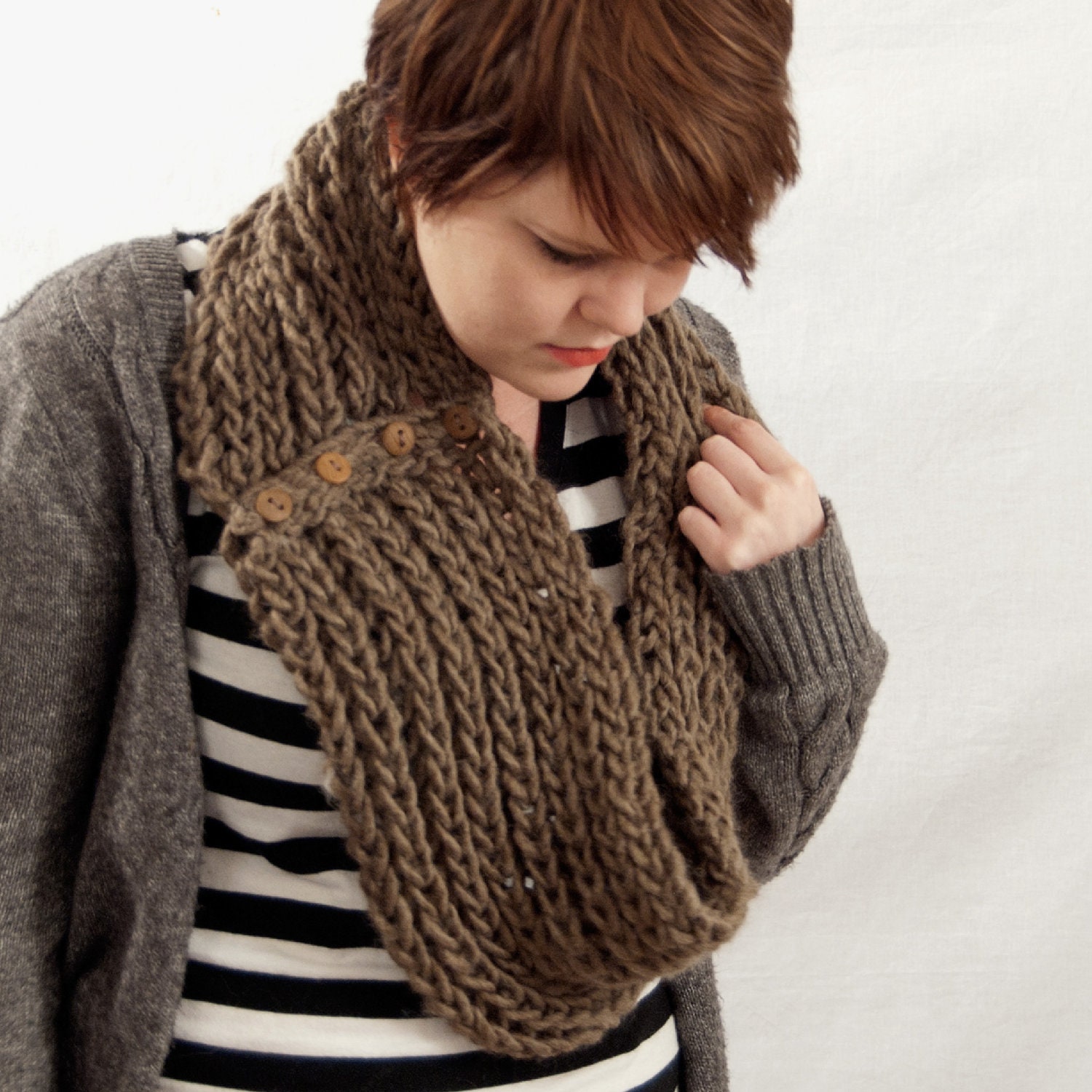 Knit Infinity Circle Scarf with Buttons, Brown Tan