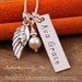 Hand Stamped Jewelry - Personalized Vertical Sterling Silver Name tag Necklace- Angel Wing Vertical Tag (Infant / Child Loss / Remebrance)