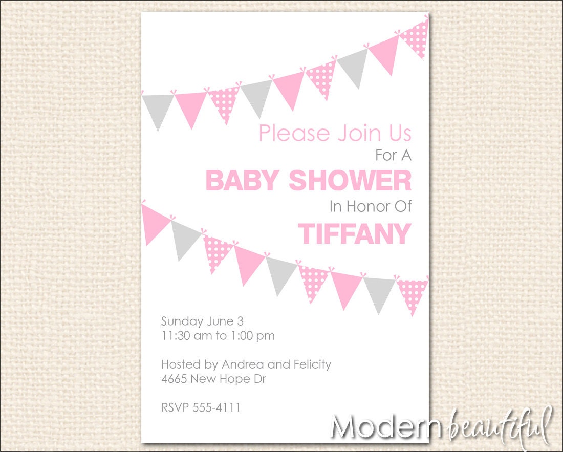 Pink and grey bunting baby shower invitation, bunting invite, bunting, pink and grey, flags, printable, digital file Il_570xn