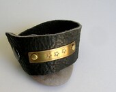 3 Stars - Brass on Black Leather - Cuff Bracelet