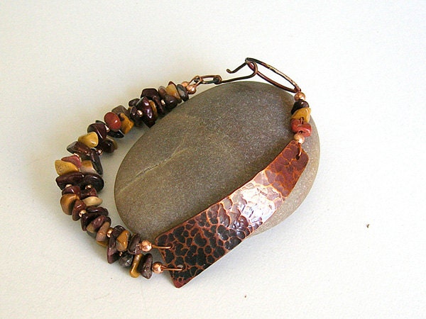 Hammered Copper Bracelet with Purple, Maroon & Yellow Stones