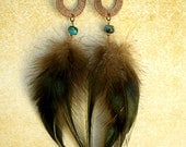 Line Textured Copper Hoop, Blue, White and Black Bead & Black Feather Earrings