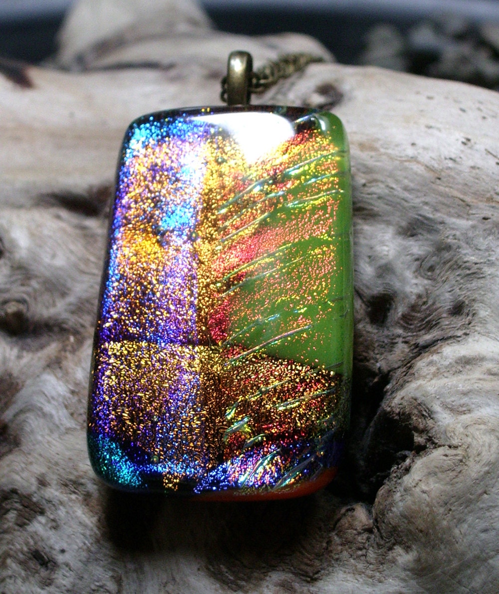 Organic looking Dichroic Fused Glass in greens and rust and a whole lotta color.........................115