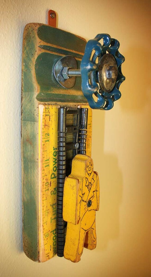 Coat Rack Wall Hanger Garden Faucet Handle Yellow Yardstick Ruler Bill Ding Wooden Figure Repurposed Upcycled Recycled Baseboard No. 17