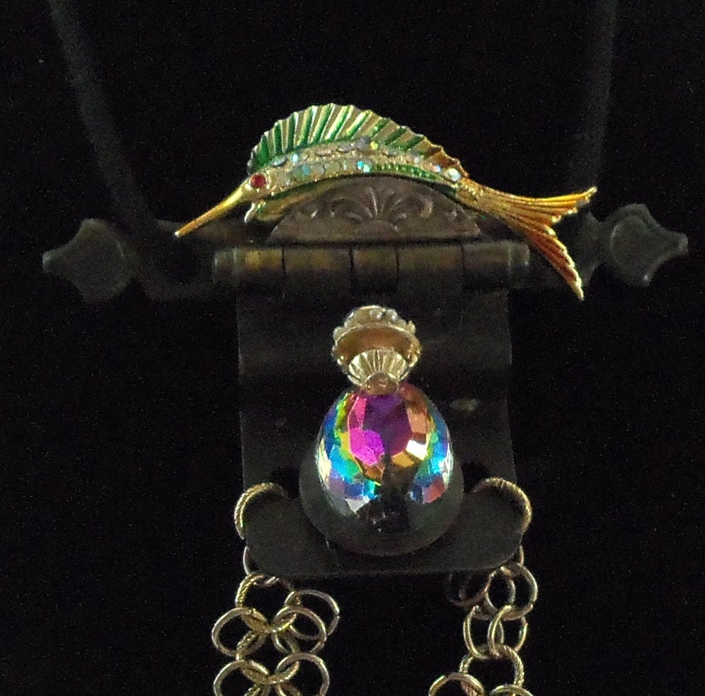 Steampunk Fish necklace, vintage lariat assemblage, OOAK statement swordfish pendant
