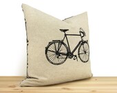 Vintage bicycle pillow cover, Decorative pillow for couch - 16x16 bicycle print in natural beige and black with geometric back