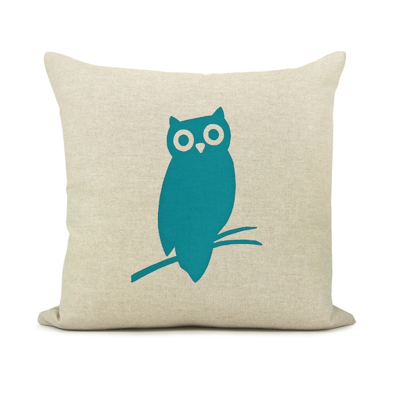 RESERVED - Owl pillow case, 16x16 pillow cover, Decorative throw pillow - Teal blue owl print on natural beige canvas and zebra print back