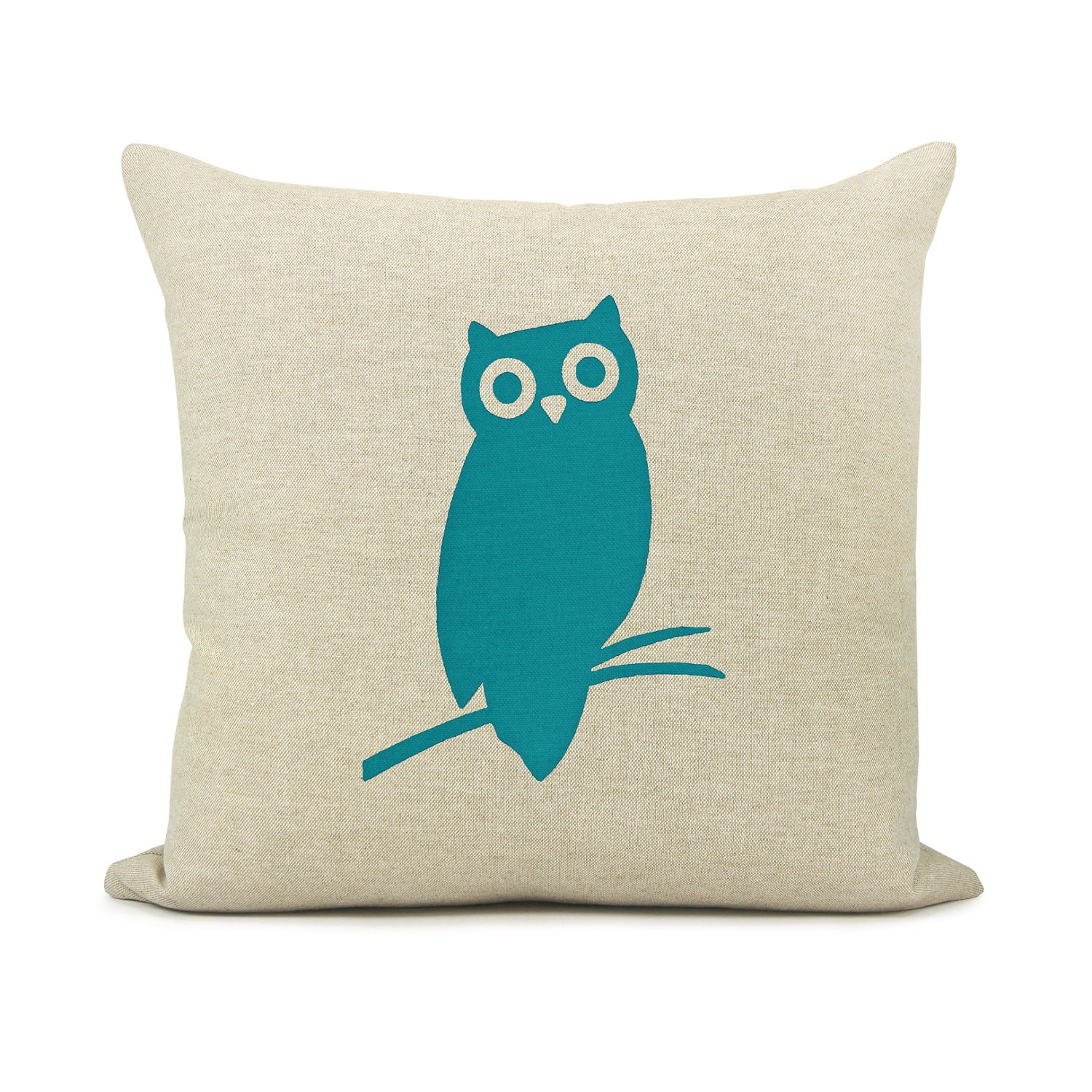 RESERVED - Owl pillow case, 16x16 pillow cover, Decorative throw pillow - Teal blue owl print on natural beige canvas and zebra print back