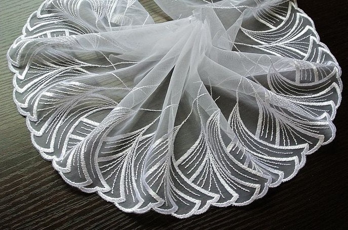 2.7 Yards White Tulle Lace Trim Pink Gingko Leaves Embroideried Lace 7.48 Inches Wide
