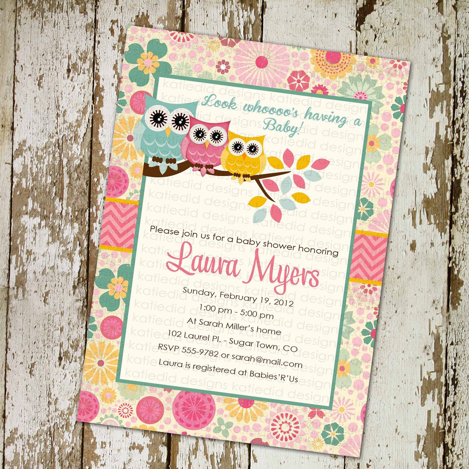 owl baby shower invitations with owls, turquoise pink and yellow, digital, printable file (item1352)