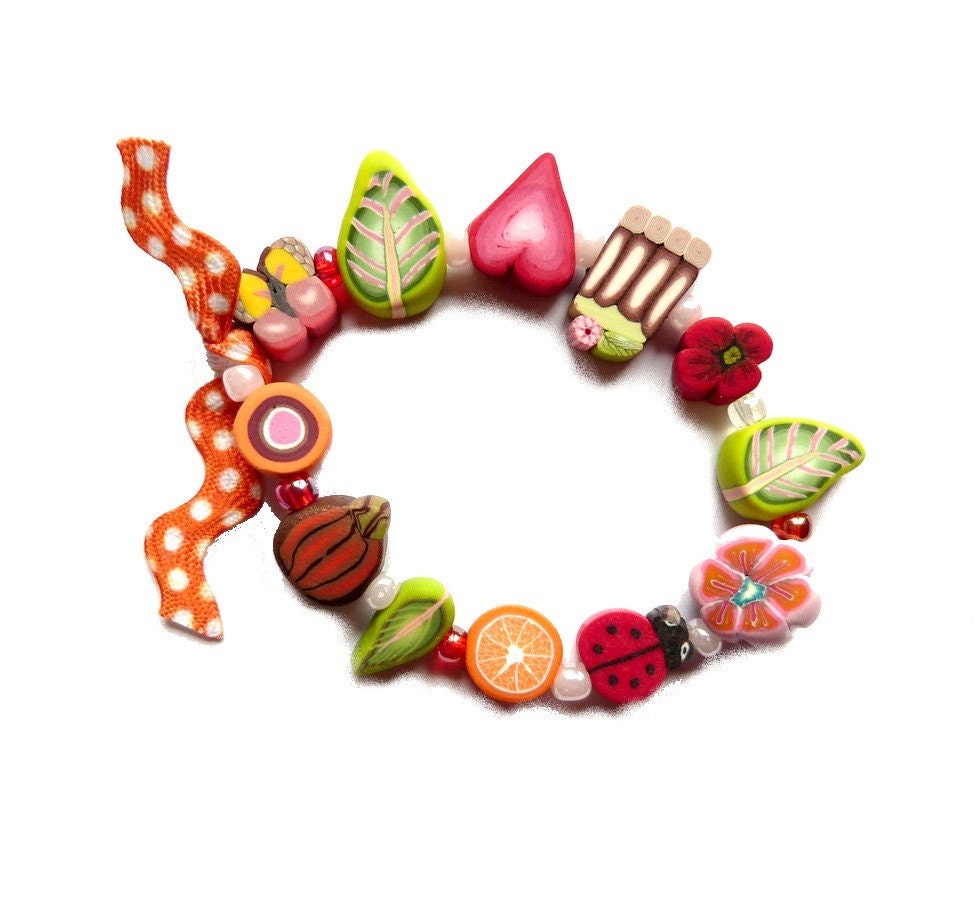 Girls Stretch Bracelet, children jewelry, with Polka Dots orange ribbon, multicolored polymer clay, Medium, handmade