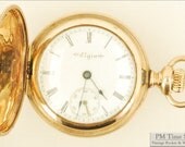 Elgin OS 7J vintage ladies pocket watch, multi-colored yellow gold filled engraved hunting case with monogram