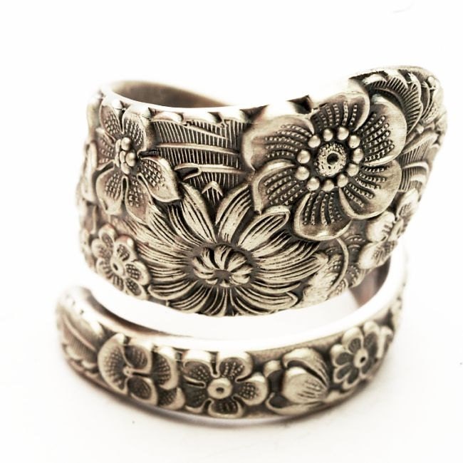 Antique Stieff Floral Sterling Silver Spoon Ring, Made in YOUR Size (3186)