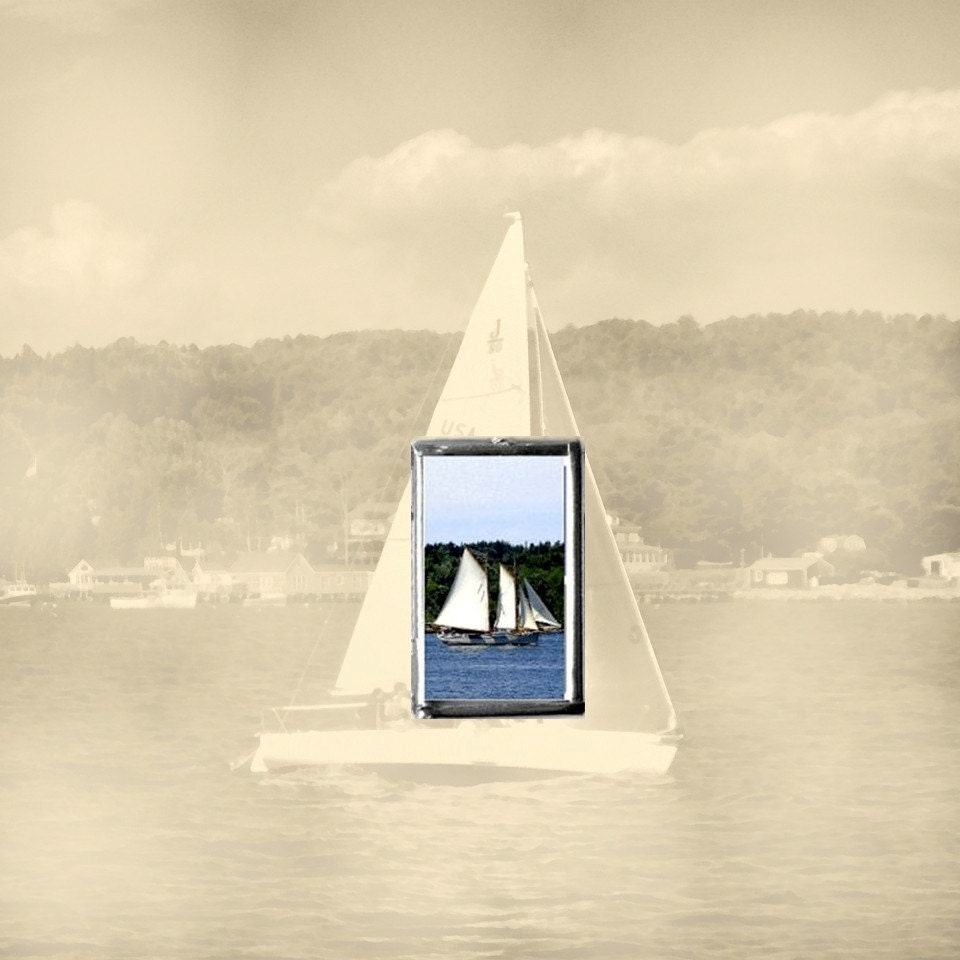 Boat Photo Locket, Photo Locket Of Schooner Or Sailboat. Your Nautical Flag Initials on Reverse Side, Make It More Than A  Just A Memory