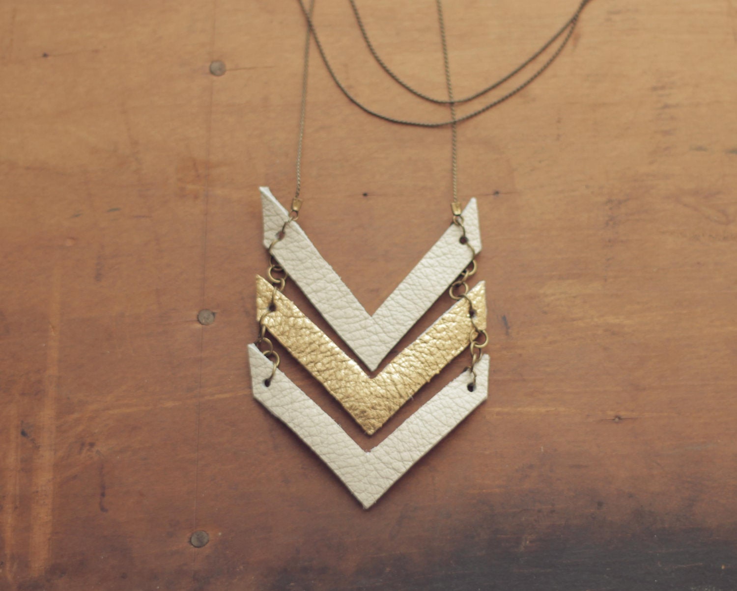 White & Gold Leather Chevron Necklace (Large)